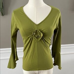 Caloé Olive Green V-Neck Ruffle Detail 3/4 Sleeve Fitted Stretch Y2K Top Small